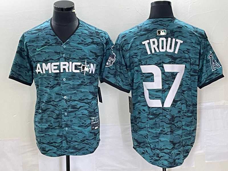 Mens Los Angeles Angels #27 Mike Trout Teal 2023 All Star Cool Base Stitched Jersey